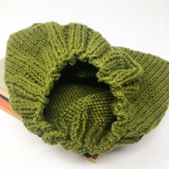 Handknitted Cotton Avocado Green Stretchable Ribbed Edge Slouchy Hat - Picture 6 of 16